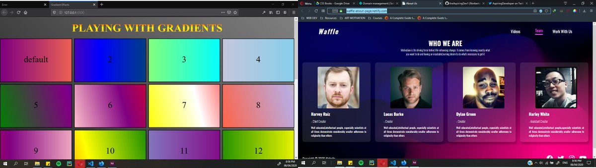 Day 8 of  #100DaysOfCode - Played with the linear gradient property based on  @KevinJPowell 's video ( https://waffle-about-page.netlify.com )-  https://github.com/theAspiringDev1/Playing-Around-With-CSS/tree/master/Gradient%20Effects-started wesbos's flexbox course.