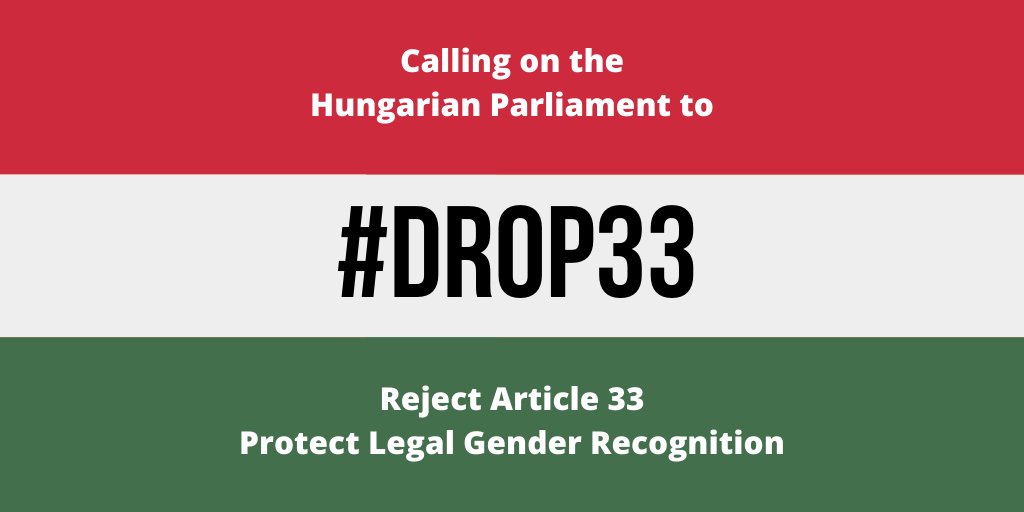 ILGAEurope's tweet photo. With @TGEU, we call on Hungarian Parliament to drop Article 33 of omnibus bill, denying access to legal gender recognition. We must act firmly and swiftly to stop this extreme rollback in human rights law!👉 https://t.co/JgzCCNHsSb #Drop33 https://t.co/D7hfeTLoNu