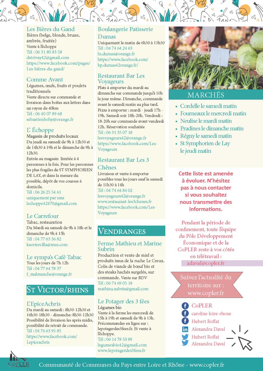 HRoffat's tweet photo. Pour vous accompagner dans vos démarches voici un inventaire des #commerces #alimentaires du territoire de la #CoPLER qui vous accueillent pendant cette période de #ConfinementGeneral confinement. +d'infos https://t.co/H9BFbHra2W https://t.co/UoTJxkn08S https://t.co/bsPgJKLp7c