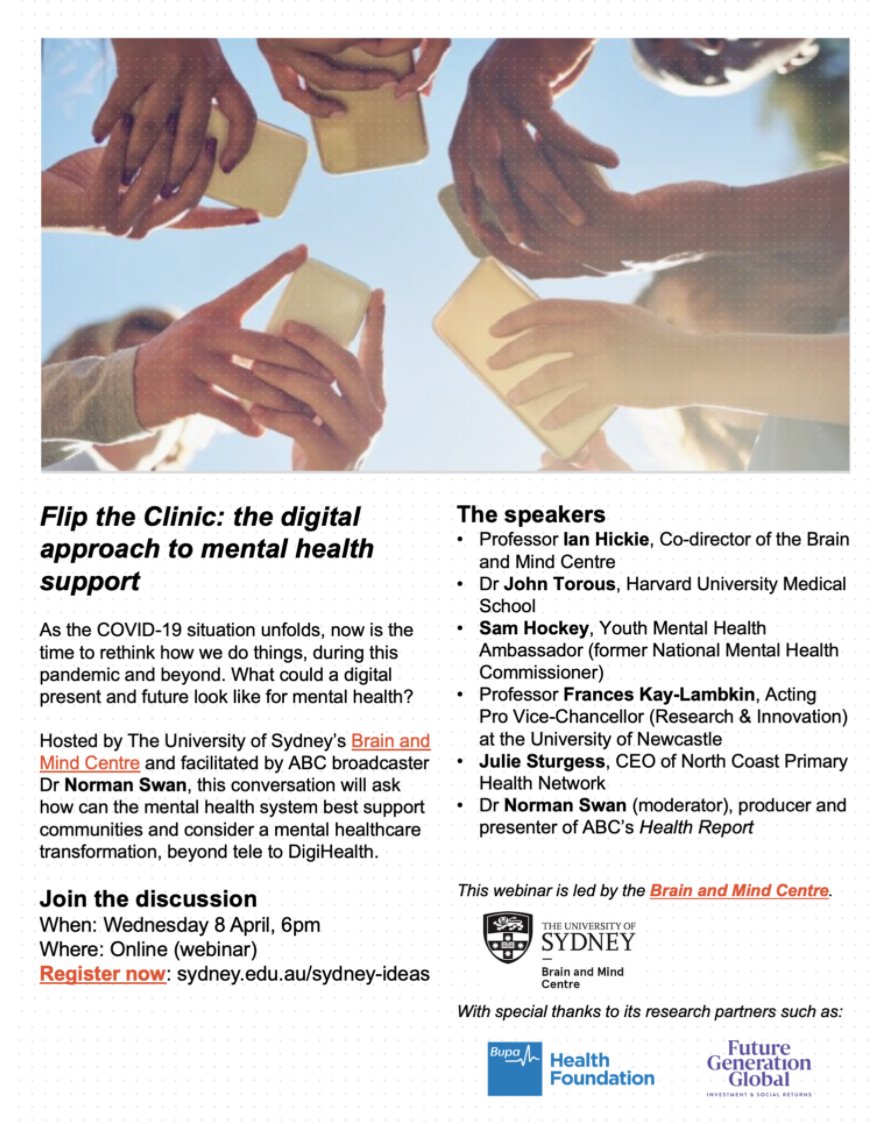 JohnTorousMD's tweet photo. To increase access to care, we need to use technology wisely as well as reconsider how mental health clinics are designed. This free webinar hosted by @BrainMind_USyd and @ian_hickie will explore: https://t.co/x6XJFEJtyh https://t.co/kPBoxkBQTD