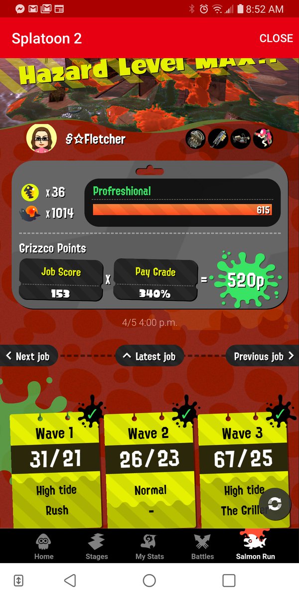dawn8884's tweet photo. Craziest round I've ever played. Hazard Level Max. Wave 1 Rush: ALL workers equipped with Grizzco slosher. Wave 3 Grillers with a 67 egg count. ๐คฏ #SalmonRun #HazardLevelMax #Splatoon2 https://t.co/0YILafJ7rz