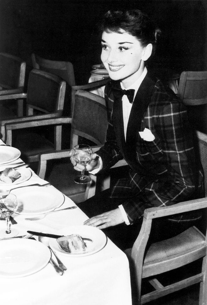 Audrey Hepburn photographed at London’s West End, wearing a tartan jacket and bow tie, 1950 #NationalTartanDay
