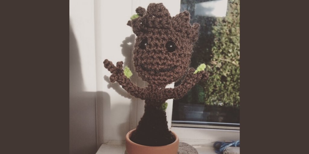 uofglibrary's tweet photo. Say hello to our newest #UofGReachOut Assistant- Baby Groot! 😍 Crocheted by our very talented @joadoc1.

Anyone else crafting while you #workfromhome? #QuaranTeamUofG https://t.co/Il8SCogcmL