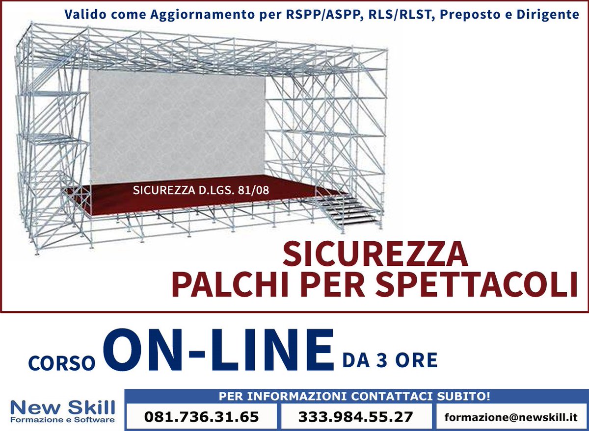 newskillformaz's tweet photo. Corso🔶Sicurezza #Palchi per #Spettacoli🔶#SICUREZZA D.Lgs. 81/08
Valido come #aggiornamento per #RSPP / #ASPP, #RLS / #RLST, #PREPOSTO e #DIRIGENTE
#formazioneonline #corsoonline #formationline #formazioneadistanza #formazione #newskill https://t.co/GEZrP8SbSM
