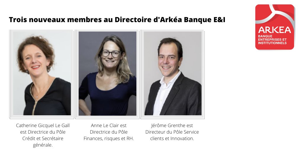 cmarkea's tweet photo. #Nominations Trois nouveaux membres au Directoire d'Arkéa Banque E&amp;I : Catherine Gicquel Le Gall, Anne Le Clair et Jérôme Grenthe.
Le communiqué : https://t.co/q77VjlrbCV https://t.co/RQ7XhZ1eSx