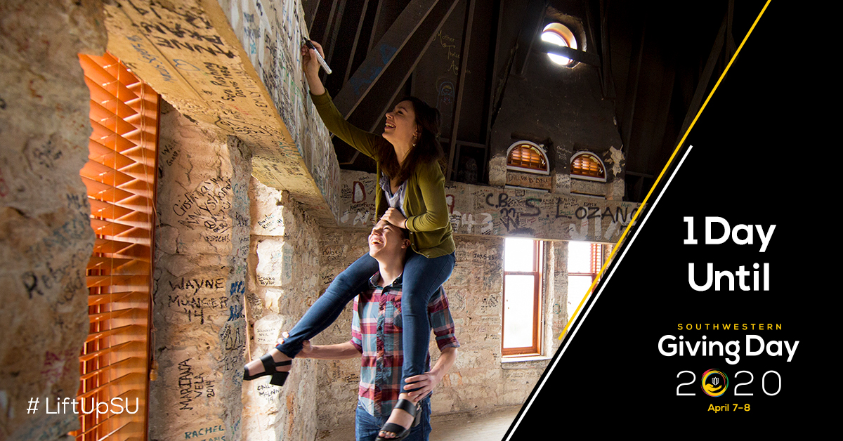 SouthwesternU's tweet photo. 24 hours until 24 hours of giving! Starting at noon tomorrow, let’s come together and help us meet the growing needs of our students and faculty during these unprecedented and uncertain times. 

Learn more: https://t.co/f4vZ1o2EPf. #LiftUpSU https://t.co/HIwWOElBgW