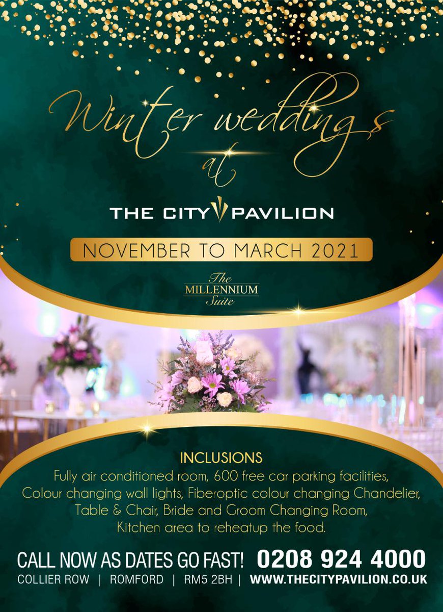 EventsPavilion's tweet photo. Planning a winter wedding? Our winter season runs from November this year to March 2021. Book now to begin arranging your big day. #thecitypavilion #weddingvenue #essexvenues https://t.co/xEfVvaz6YS