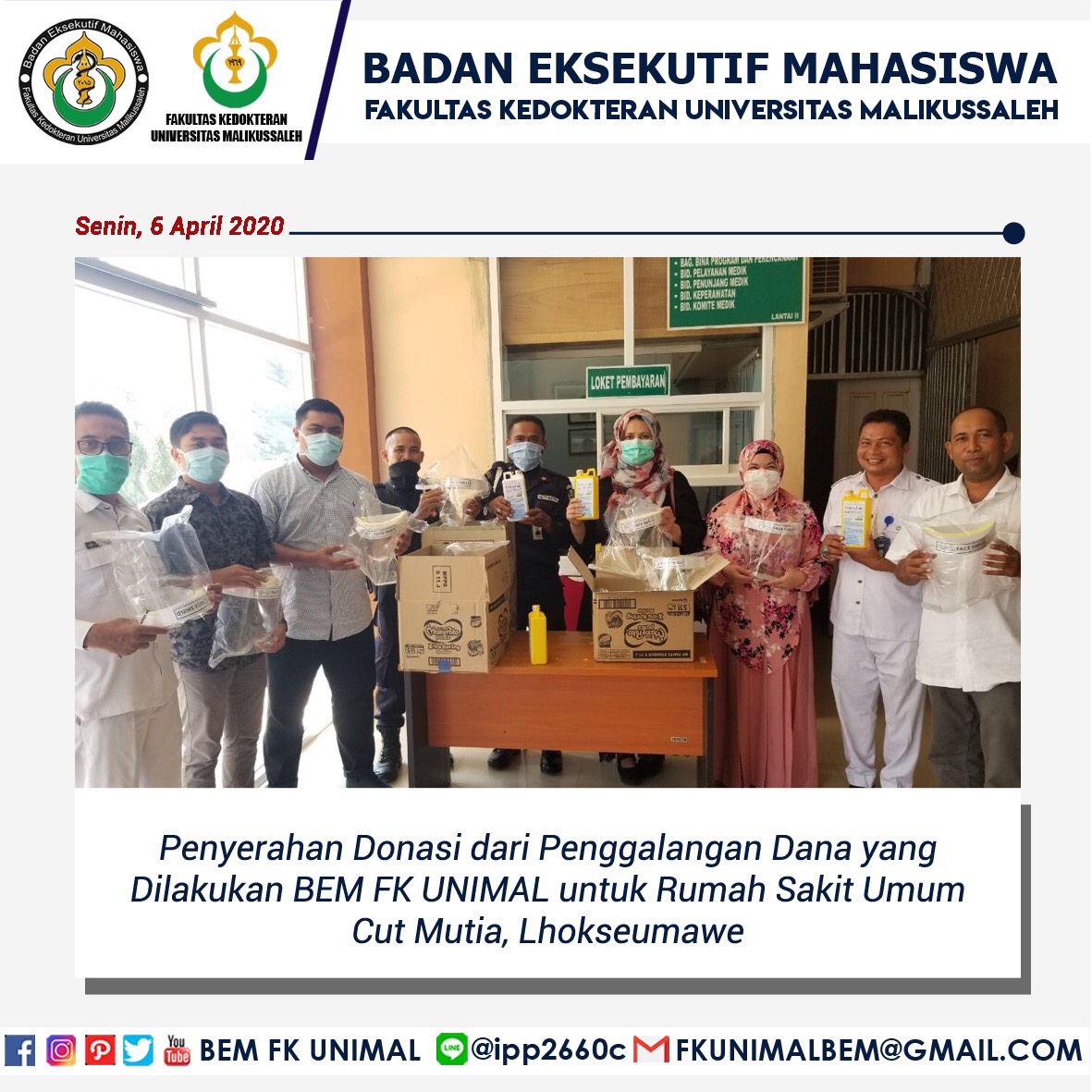 BEMFKUNIMAL's tweet photo. Penyerahan bantuan APD kepada RSU Cut Meutia yang merupakan hasil dari penggalangan  donasi melalui BEM FK UNIMAL.

Terimakasih kepada semua pihak yang telah mendonasikan bantuannya, semoga apa yang kita berikan dapat membantu mereka tenaga medis yang berjuang di garda terdepan https://t.co/5e1pM2Bi9O
