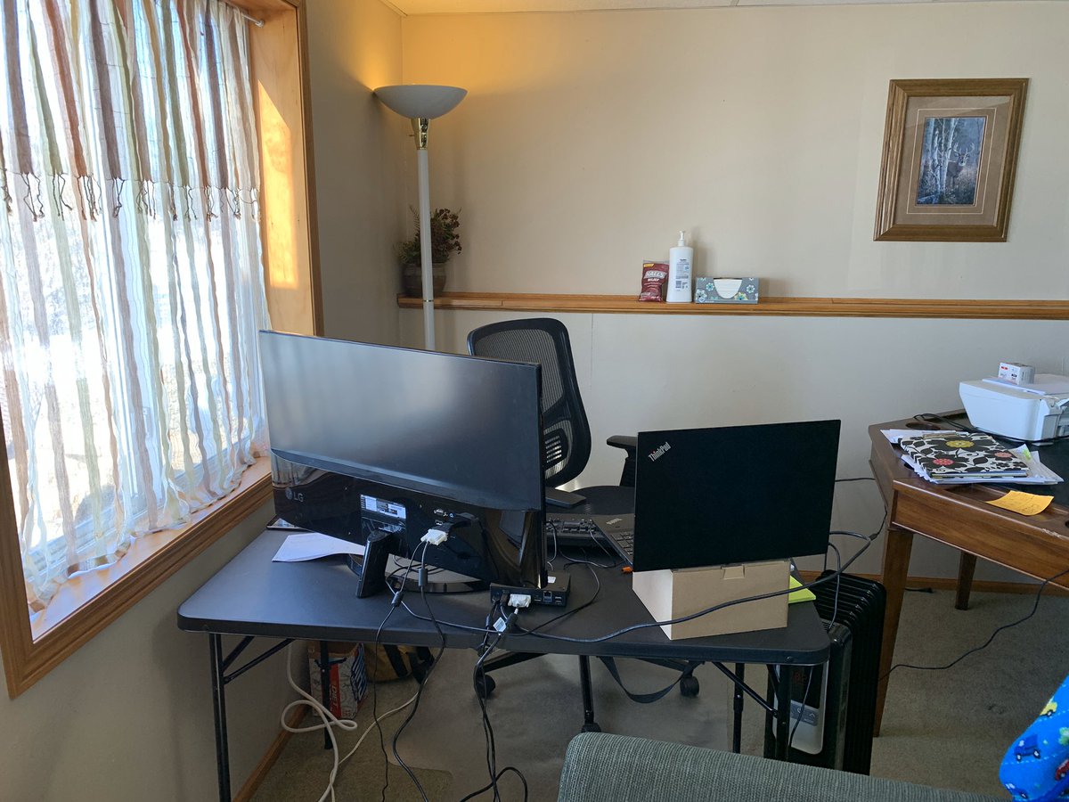 ComOptTrina's tweet photo. Last week was full of advocating for our staff to work remote at their homes. Day # 1 of my home office. I hop my new office mates are easy to get along with! @ComOptND @ComOptDarcy @ComOptAustyn @ComOptAmber #comoptcrew #alwaysadvocating https://t.co/QTuPtQ07Ma