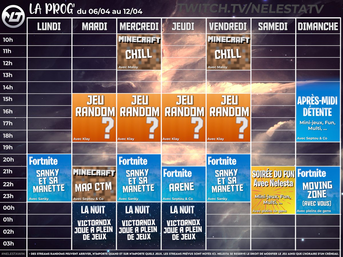 NelestaEsport's tweet photo. Bonjouuuur les fans de fortnite !
C'est Lundi, jour de #programmation !
Dimanche on fera nos premières #MovingZone avec vous !
Et bien sur vos programmes préférés sont toujours là 😊
Bonne semaine !
#Twitch #Fortnite #Streaming https://t.co/eNh1HP9qSg
