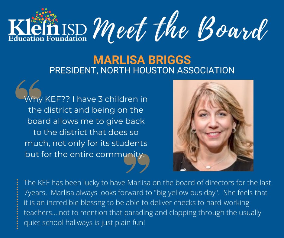 KleinFoundation's tweet photo. 🎉 Meet the Board Monday🎉 
Meet Marlisa Briggs! She truly has a servant heart, &amp; hopes that serving lets her kids see firsthand that being involved in our community is key to its success, &amp; that regardless of the gifts we are given, we can find a way to use them for good. https://t.co/0k6k3AErve