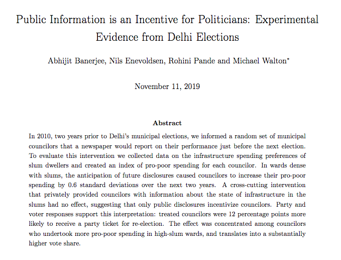MilanV's tweet image. New research from Abhijit Banerjee et al. on the effectiveness of report cards on local politicians' behavior in Delhi economics.yale.edu/sites/default/…