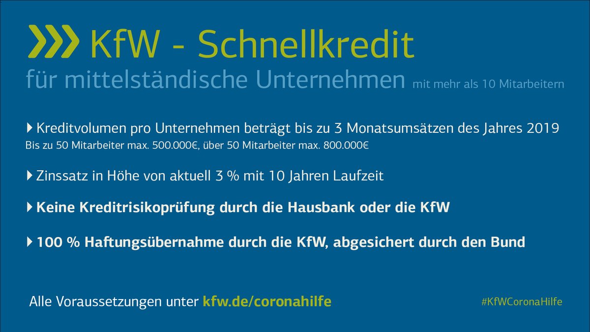 KfW-#Schnellkredite für den #Mittelstand - @BMWi_Bund und @BMWi_Bund spannen weiteren Schutzschirm auf. Schnelle Hilfe durch:
▶️Entfall Risikoprüfung 
▶️100 % Haftungsfreistellung durch die KfW, abgesichert durch den Bund.
Alle Voraussetzungen: kfw.de/KfW-Konzern/Ne… #Covid_19