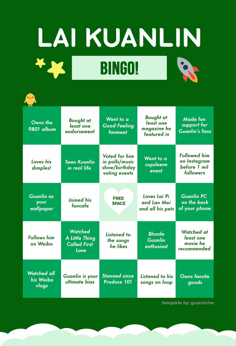 guanIintw's tweet photo. LAI KUANLIN BINGO 💚
 #라이관린 빙고 🌟

Made this little bingo game for everyone to play together hehe how has your journey in stanning Guanlin been like? Hope y’all have fun!!! 린프님들 다 같이 해보세요 🥰

#LaiKuanlinBingo #라이관린_빙고❣️ https://t.co/sfeVSx143o