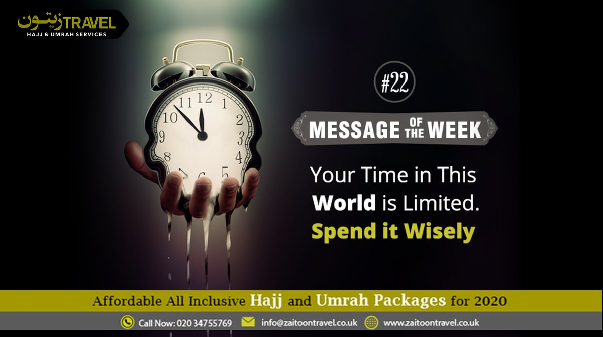 ZaitoonTravel's tweet image. We have been sent to this world for a limited period so our acts should be such which might help us in becoming good Muslims.

#Allah #Time #GoodMuslims #Hajj2020 #Umrah2020 #RamadanUmrah2020 #Zaitoontravel