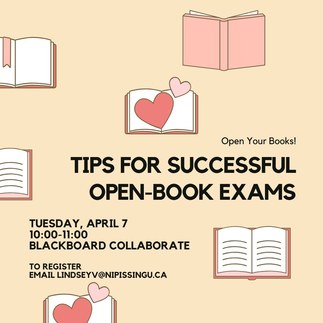 NUSUtalks's tweet photo. Join Lindsey Voisin from Student Learning &amp; Transitions to get tips on how to be successful in open-book exams. This will be hosted on Blackboard Collaborate. 

To register, email lindseyv@nipissingu.ca or go to https://t.co/k6LLVbYofU to RSVP.
@nuStudentLT @NipissingU @nulakers https://t.co/VInK14LWht