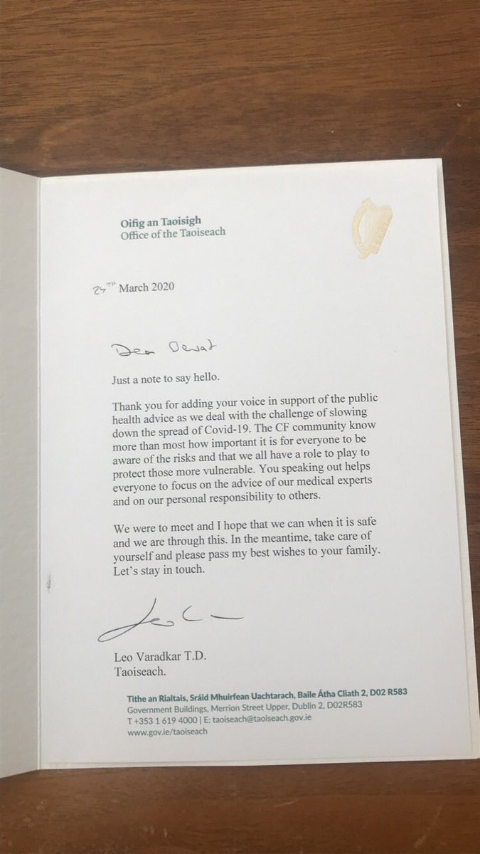 bbrod's tweet photo. This really raised my spirts today while in self isolation when I received such a nice card from the Taoiseach, Leo Varadkar.

It’s so nice to see him recognising the CF community and how much we understand the importance during these difficult times. 

Thank you Leo! 💜 https://t.co/x0l42jEh5b