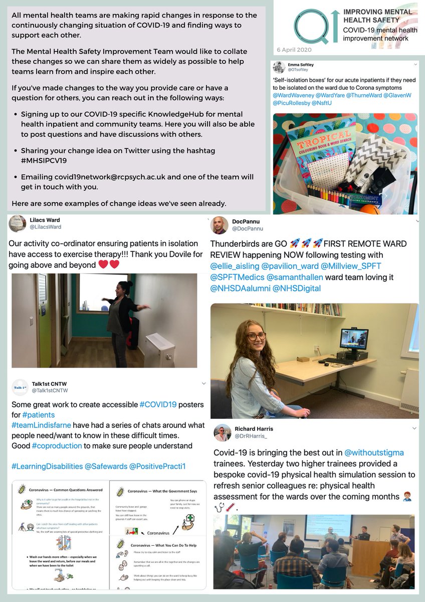 DrAmarShah's tweet photo. Self-isolation boxes, remote ward reviews, exercise therapy for patients in isolation, Covid19 posters for patients &amp; physical health simulation sessions are just some ways MH teams are responding to #Covid_19 #MHSIPCV19. Share your changes using this form https://t.co/TSJC39YztF https://t.co/EoKtQWvR52