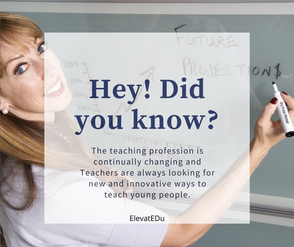 Hey! did you know?

The teaching profession is continually changing and teachers are always looking for new and innovative ways to teach young people.

#Elevatedu📖
#Innovativeteachers
#teachingpro 
#teachingprofession 
#teachingprofessional