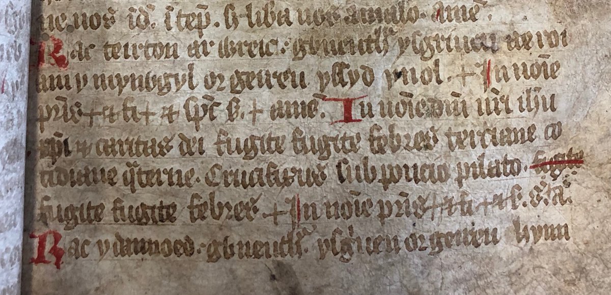 Kate_Leach1's tweet photo. Accidentally deleted my previous post (#oldage) so here's another 14th c. Welsh fever charm. Write the efficacious words and put them around the feverish woman's neck. Try it out next time you're feeling ill, but also wash your hands and stay home! #medieval #medicine #Welsh https://t.co/1jA7ceKozT
