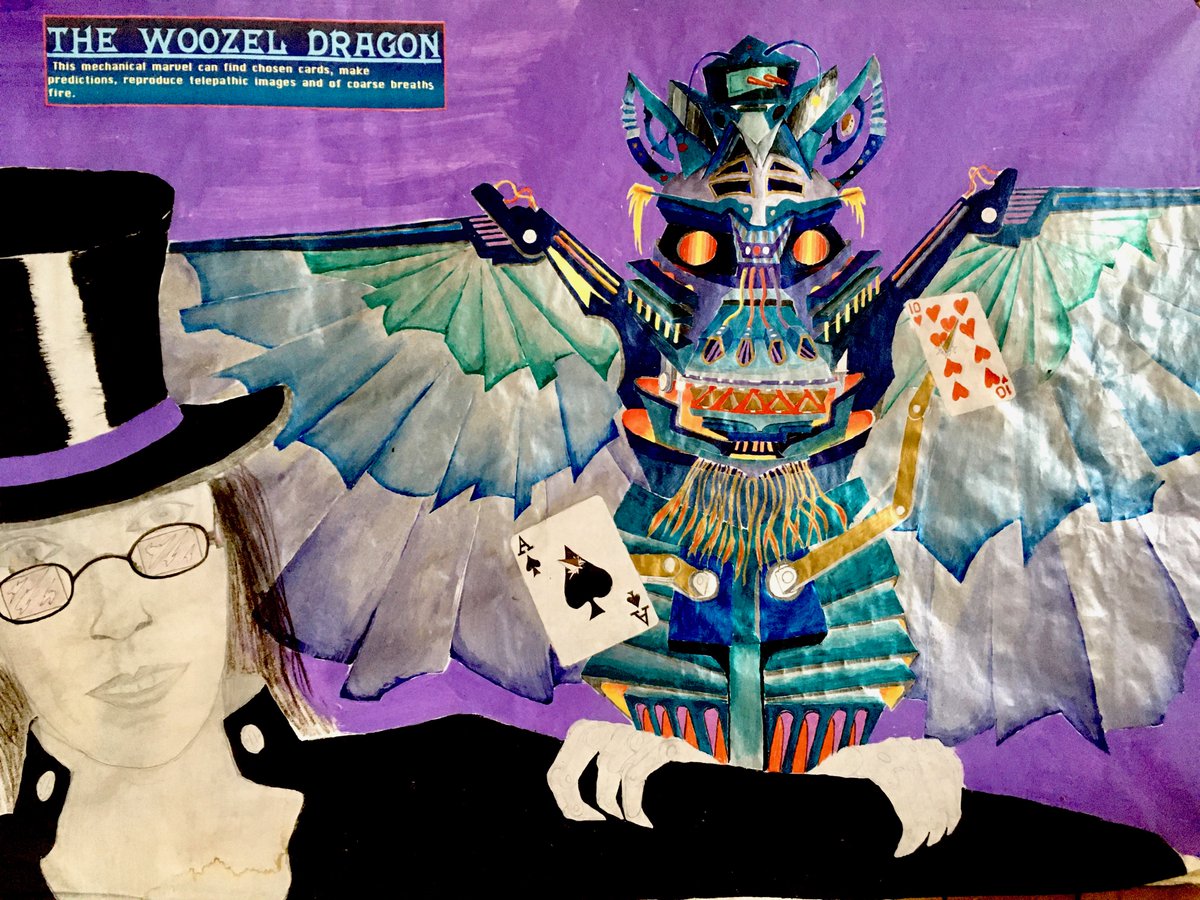 Majinxillusions's tweet photo. Day 15 or 16 of Quarantine activities!  Going through my concept drawing, I found this idea I had for a mechanical dragon that caught cards on the end of it’s claws and burned drawing duplications onto large canvases. It was called The Woozel Dragon. #magic #majinx #magician https://t.co/mo6NZECrgS