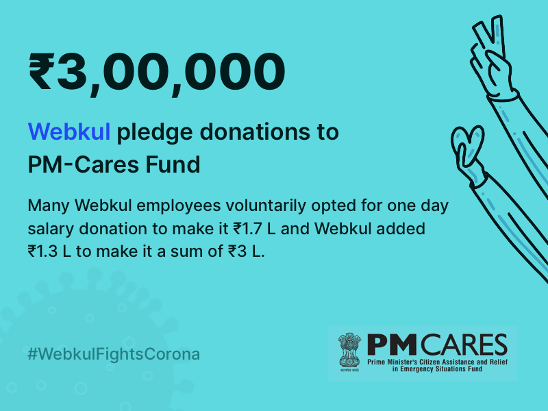 webkul's tweet photo. We pledge donations to @PMOIndia PM-Cares Fund. 

Many Webkul employees voluntarily opted for one day salary donation to make it ₹1.7 L and Webkul added ₹1.3 L to make it a sum of ₹3 L 

#covid #covid19 #corona #CoronaOutbreak #PMCaresFunds #FightAgainstCoronavirus https://t.co/itj9YdXSKX