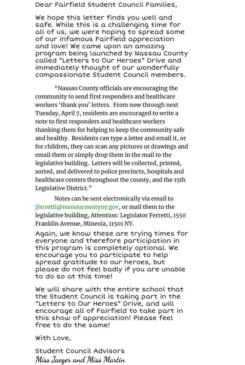 Fairfield Student Council is participating in the “Letters to Our Hereos” Drive! We encourage our amazing Fairfield community to join them!! ❤️🤍🐾   #ffefairfieldfamily <a href="/MissJaeger814/">Miss Jaeger</a> <a href="/MrsGerhardFFE/">Dr. Gerhard</a> @MrsFernandezFFE <a href="/FFEmsdPTA/">Fairfield PTA</a>