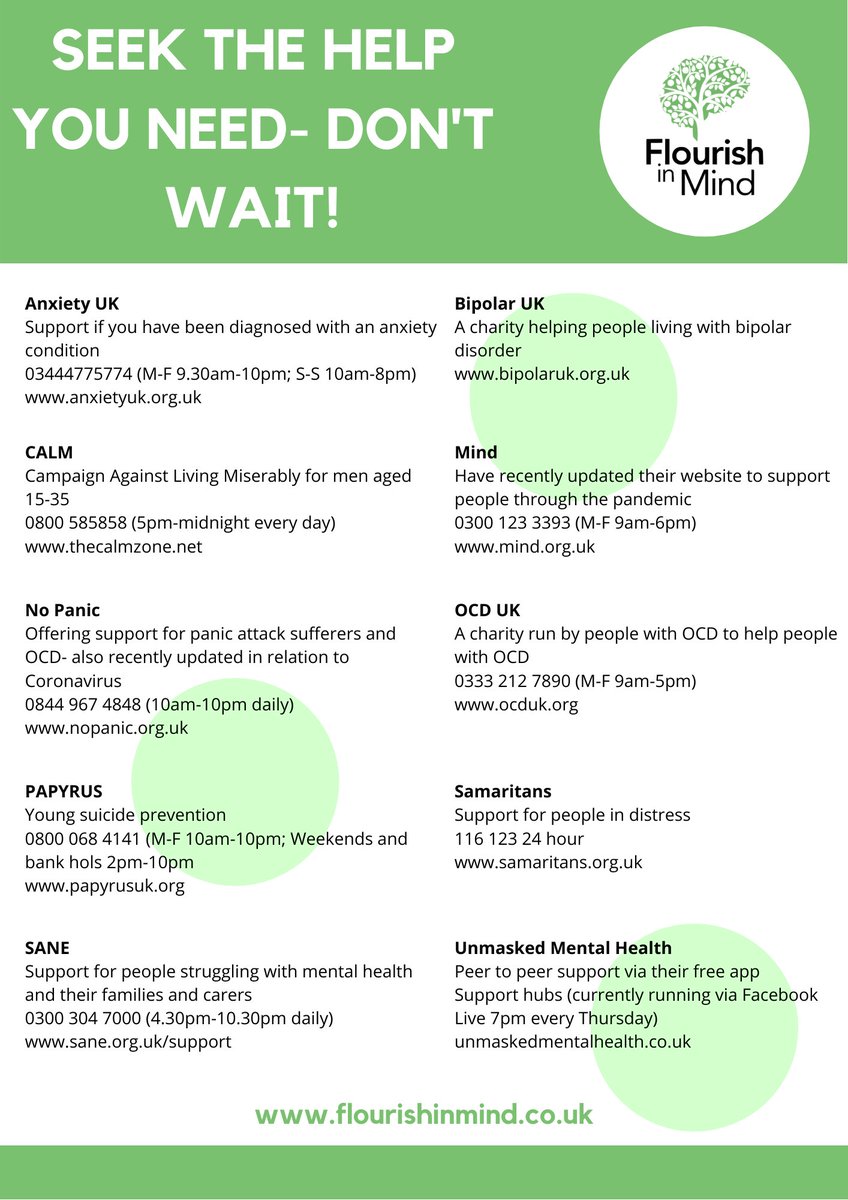 work_flourish's tweet photo. If you, or someone you know is struggling through these difficult times please feel free to share this list of some of the resources that are out there. Remember early intervention is always best 💚 https://t.co/keJCQxqCXd