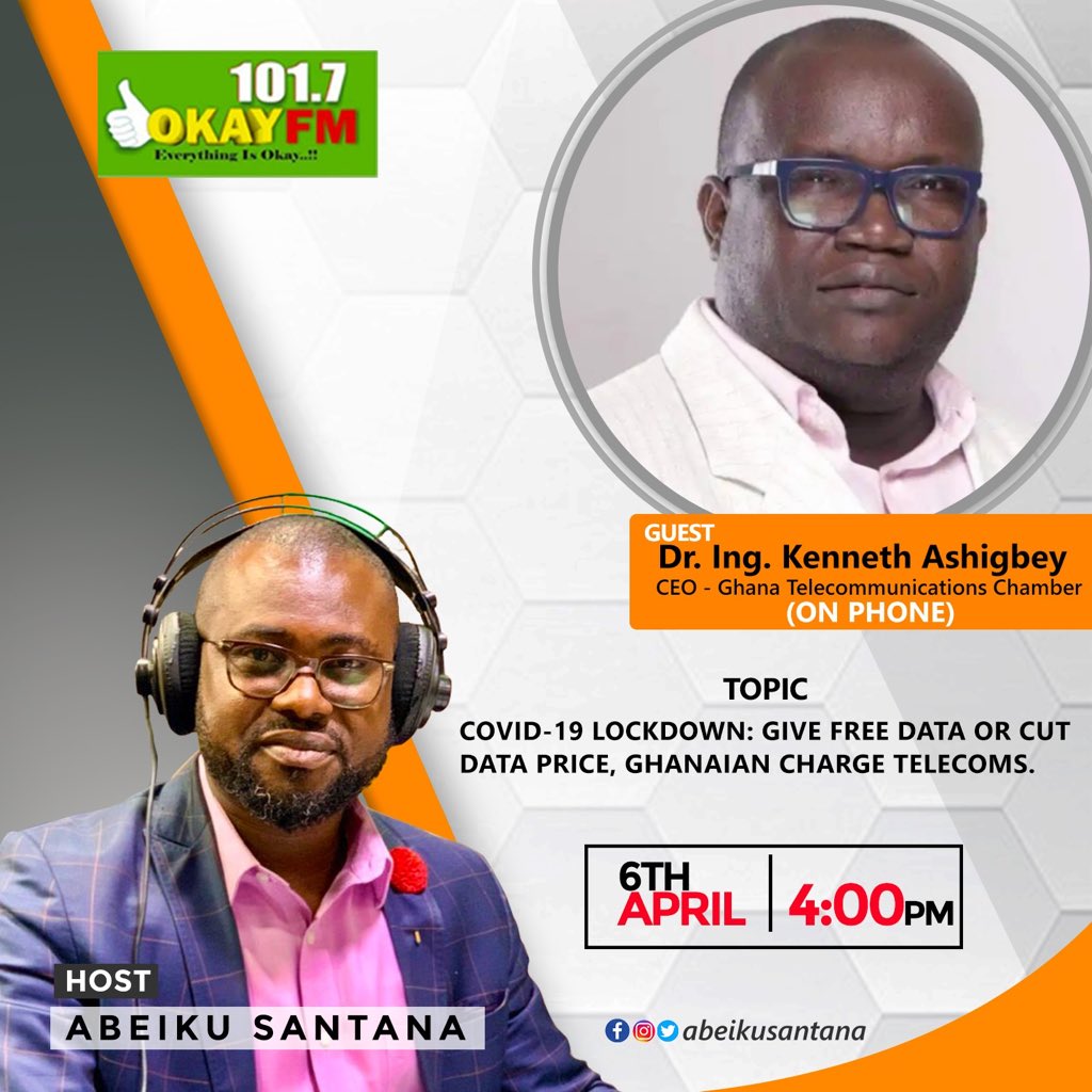 AbeikuSantana's tweet photo. Did you say you want Free Data Bundle ? Then join the Conversation this afternoon at 4pm on @Okay1017fm with the CEO of Chamber of Telecommunications Ing. Dr Ken Ashigbey on #OkayFmDrivetime
#covid19 #lockdown #stayhome #staysafe #data #freedata #freedom #ghana #monday #202 https://t.co/Cip0xLTz0d