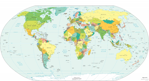 To start, let’s talk about pre-modern frontiers in general. Most of us remember a map like this from elementary school. This is the kind of world map that might hang in front of a classroom and it is this kind of map which informed our understanding of political geography. rh 4/