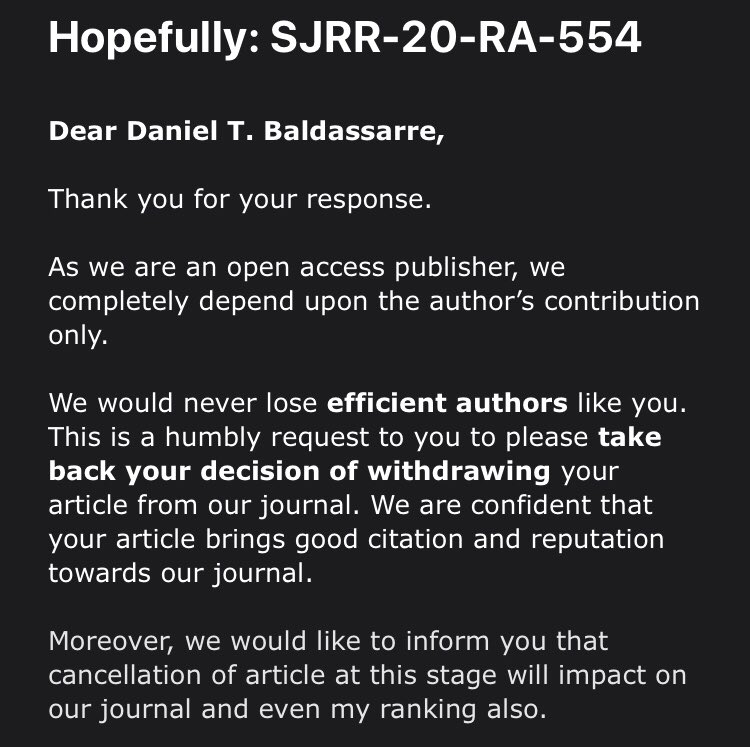 UPDATE: To anyone still following this ridiculous saga- I told the “editor” I was withdrawing my paper and sending it to Nature instead. We are now apparently in an open negotiation regarding the publication fee. How low will he go???