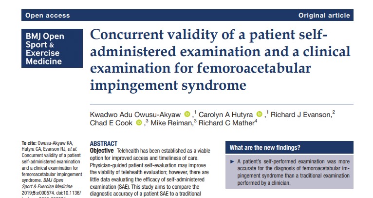 chadcookpt's tweet photo. Telehealth is hot, thus, this is worth a resend. Simulated telehealth FAI exam was more accurate than clinical exam. FYI, we just finished a comparable shoulder exam telehealth study with MRI as reference standard. We will post results soon. What do you think the outcome is? https://t.co/3PByhRUkVD