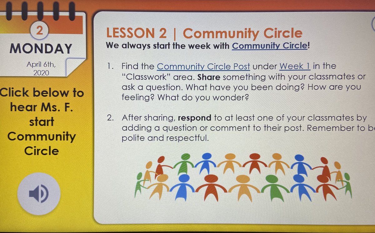 Jmerkle3's tweet photo. What a great way to start off the week! This T used an audio recording to start the community circle, modelling how to “share” with the class. How might you incorporate community circles online with your class? ⁦@TLKLife⁩ ⁦@TLKDistProgram⁩ ⁦⁦@MsAFitzsimmons⁩ https://t.co/DZogiKK7et