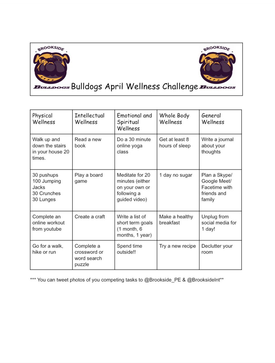 Brookside_PE's tweet photo. Hey Bulldogs I hope everyone is staying safe! Here is your Wellness Challenge for April. How many tasks can you complete? Tweet photos of yourself completing some tasks to @Brookside_PE and @BrooksideInt #staysafe #gobulldogs #stayactive https://t.co/L7rGrG711P