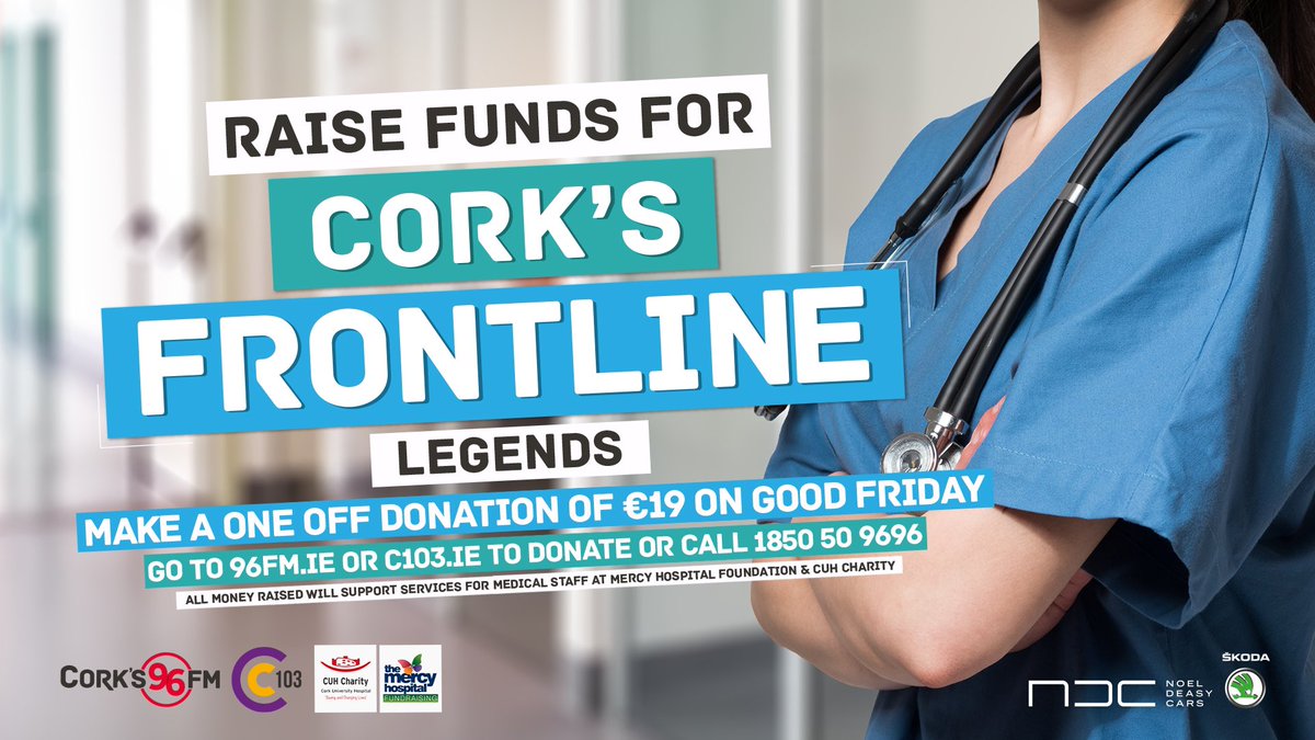 Simon_Murdoch's tweet photo. Listen to @C103Cork and @Corks96FM this Friday and help us raise cash for the amazing frontline staff at Mercy Hostpital &amp; CUH... donate €19 &amp; we’ll help them@with new thermometers, wellness spaces, mental health supports &amp; more.All day Friday on both stations! #FrontlineLegends https://t.co/enplniPuzK