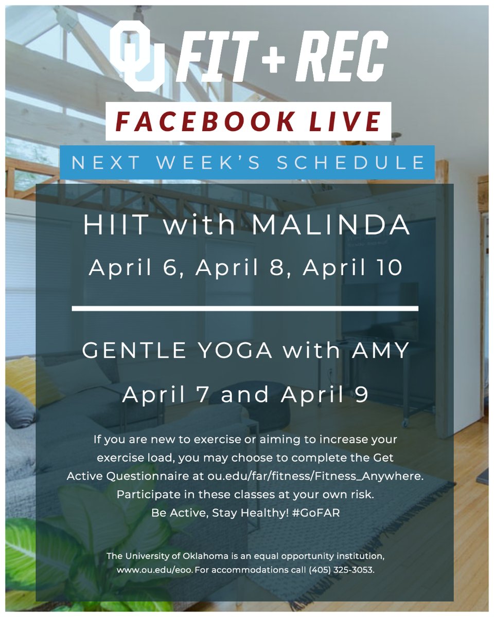 OUFitandRec's tweet photo. Check out this week's Facebook Live schedule! Be sure to click that share button!
Each class starts at 11am and will be 30-45 min in length.
#GoFAR #ActiveOU #FitnessAnywhere https://t.co/Y4W2eXTjhT