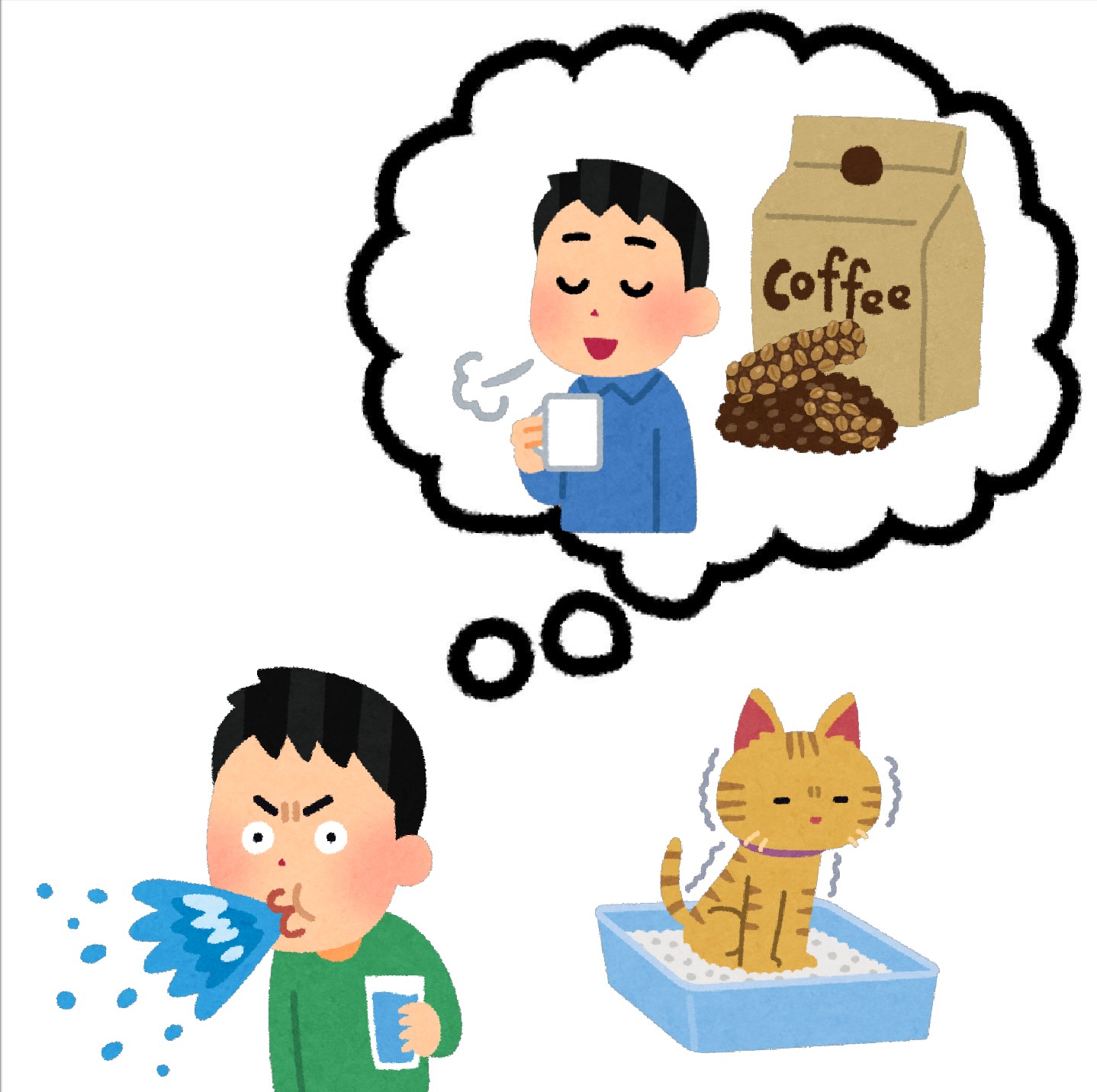 まいチクをいらすとやで再現 Dayukoume Tikuporadio 再現難易度 使ったイラスト 6枚 ふきだしのイラスト コーヒーで一服している人のイラスト 男性 コーヒーカップ コーヒー豆の袋のイラスト カフェ ジャコウネコのフンのイラスト 飲み物を噴く人の