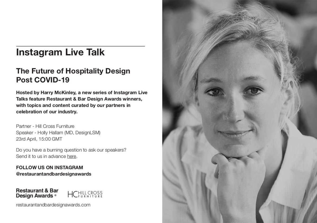 DLSMStudio_'s tweet photo. Join our MD Holly Hallam, @hillcross and Harry Mckinley for an @ResBarDesign Instagram live talk not to be missed! #thefutureofhospitalitydesign #iglive #designlsm https://t.co/msEg6IXJaT