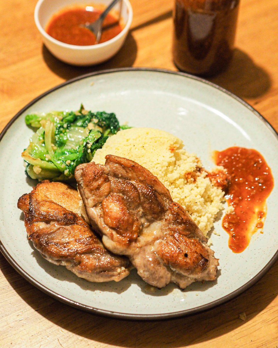 First time cooking couscous, alongside pre-marinated chicken chops and simple stir fried Chinese greens 