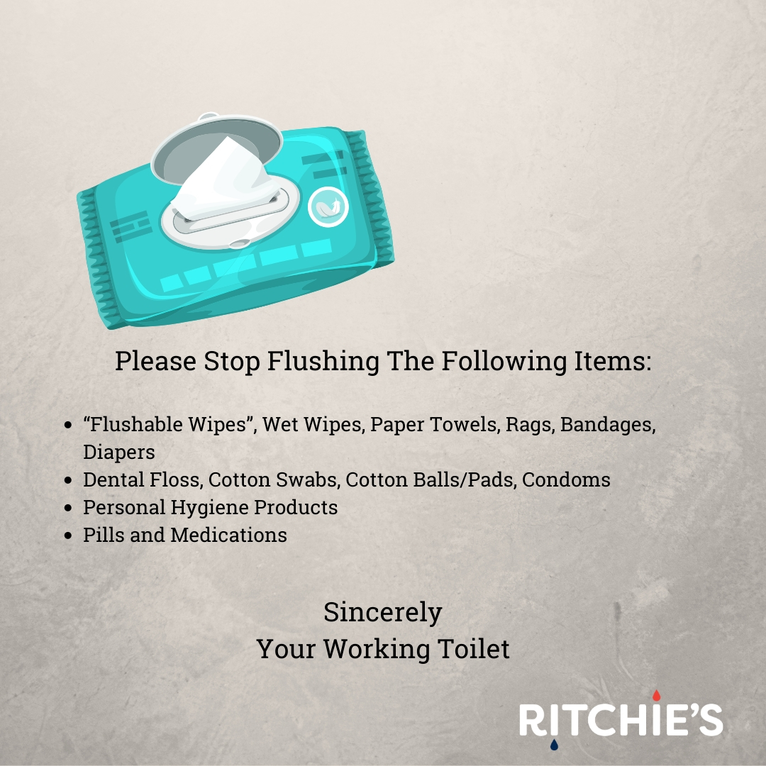 New Blog Post: 'Flushable Wipes'
You should only flush bodily waste and toilet paper. Anything outside of that can clog the pipes and create sewer back-ups. 
ritchiesplumbing.ca/blog
#yyc #yyctoday #calgary #calgaryplumbing #flushablewipes #yycproperty #yycpropertymanagement