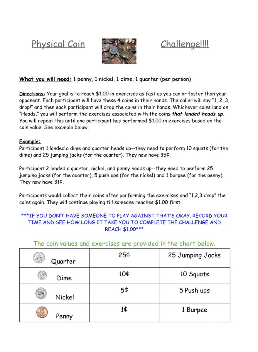 Fun activity Ss can do for PE while also practicing math skills. All you need is a quarter, dime, nickel, and penny! If anyone wants a copy, I’m happy to send! <a href="/ps36dragons/">PS 36 J C Drumgoole</a> #athomePE #PHYSED #PEgeeks #nycdoe #elementaryPE #remotelearningPE #PE #physicaleducation #fitness #NYCPE