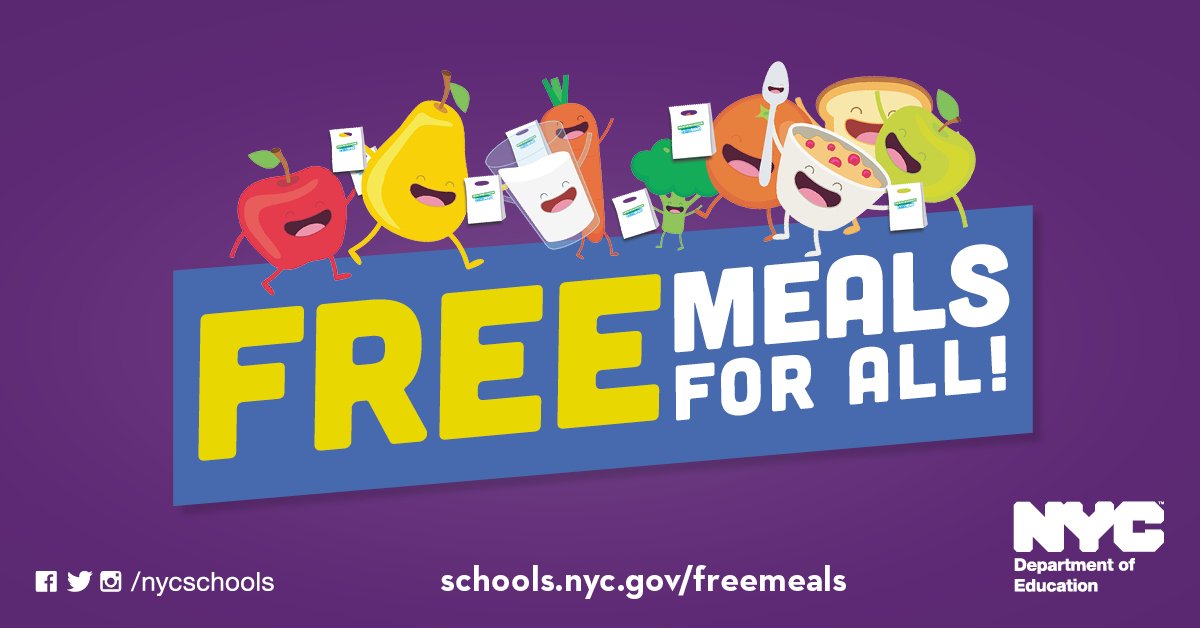 NYCSchools's tweet photo. ALL New Yorkers can get three free meals a day at more than 400 Meal Hubs across the city! 

Meal Hubs sites operate from 7:30AM-11:30AM for children and families and 11:30AM-1:30PM for adults. No registration or ID required.

Find a location near you: https://t.co/ZOQdtTFMTQ https://t.co/4Y1QuzlDUb