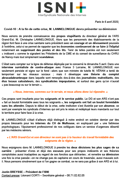 ISNItwit's tweet photo. [CdP] Appel à la démission de M. Lannelongue, DG de l'@ars_grand_est après ses propos indécents et sa ligne de défense complotiste. Les soignant·es du Grand-Est méritent mieux, alors qu'ils font face héroïquement au #Covid_19 !
Après la crise, il faudra rendre des comptes ! https://t.co/bT7TffSzTW