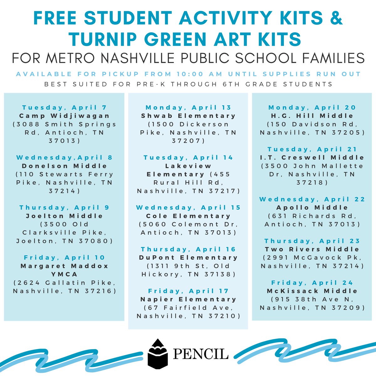 PENCIL4Schools's tweet photo. Student Delivery Kit schedule: @MetroSchools #PENCIL4Schools #NashvilleStrong https://t.co/7aoqjMxx1L