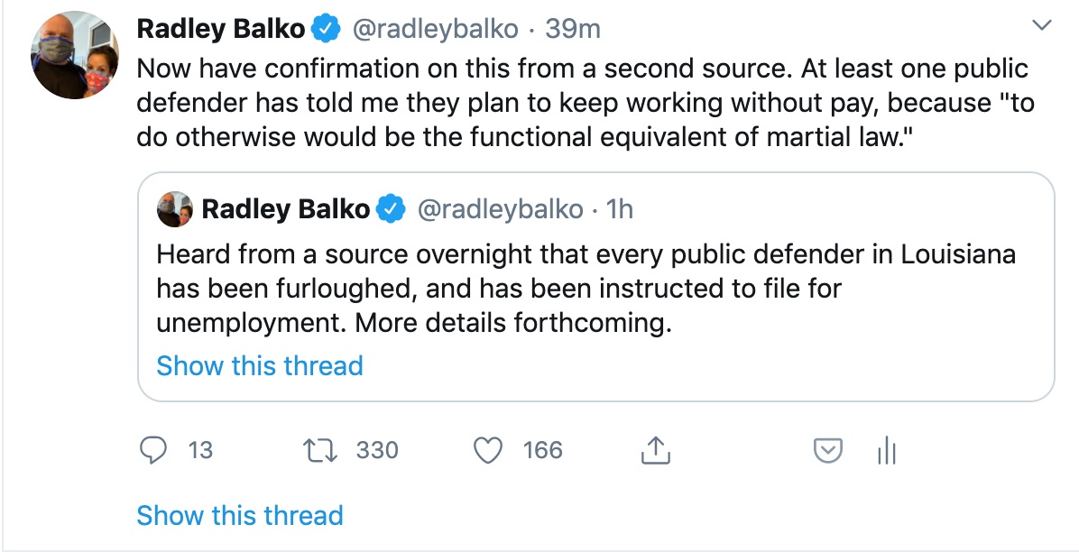 Thread: I'm deleting these tweets in favor of this thread, with more explanation. I've now heard from public defenders in two offices who say they've been told they'll be furloughed, and were instructed to file for unemployment. But not all offices are furloughing.