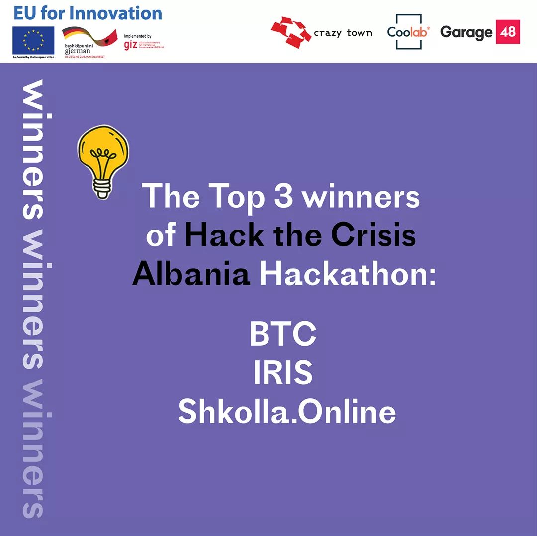 EUinAlbania's tweet photo. An app to donate through delivery, a platform to connect people with therapists &amp; a content organiser platform that connects teachers&amp;students are the 3 winning ideas of the hackathon #HacktheCrises. A prize from #EUforInnovation of 9000€ to be distributed between the winners! https://t.co/kx1OY67LYP