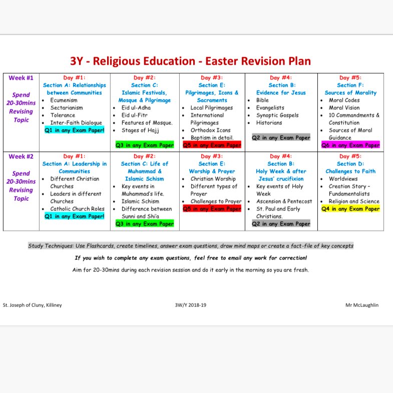 MrMcLaughlin123's tweet photo. RE Easter Revision Plan for 3rd Year Students. 

If any teacher wants a copy, just DM me here and I’ll email it on 😊

#RETeachers #EasterPlanning 

@RtaiReligion @RelinkMagazine https://t.co/sh9tJSUtGb