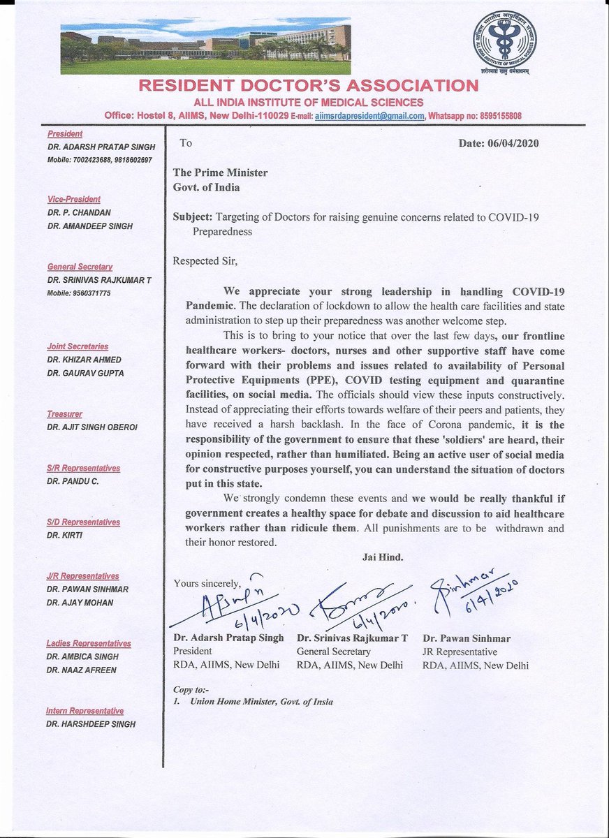 DrHarjitBhatti's tweet image. Doctors of AIIMS wrote a letter to PM to create healthy space for discussion rather than ridicule them. #ModijiSaveDoctors 
If all Voice’s are judged as “For” or “Against” and all dissent are seen as opposition then we won’t expect any good outcome of this #Covid_19 crisis.