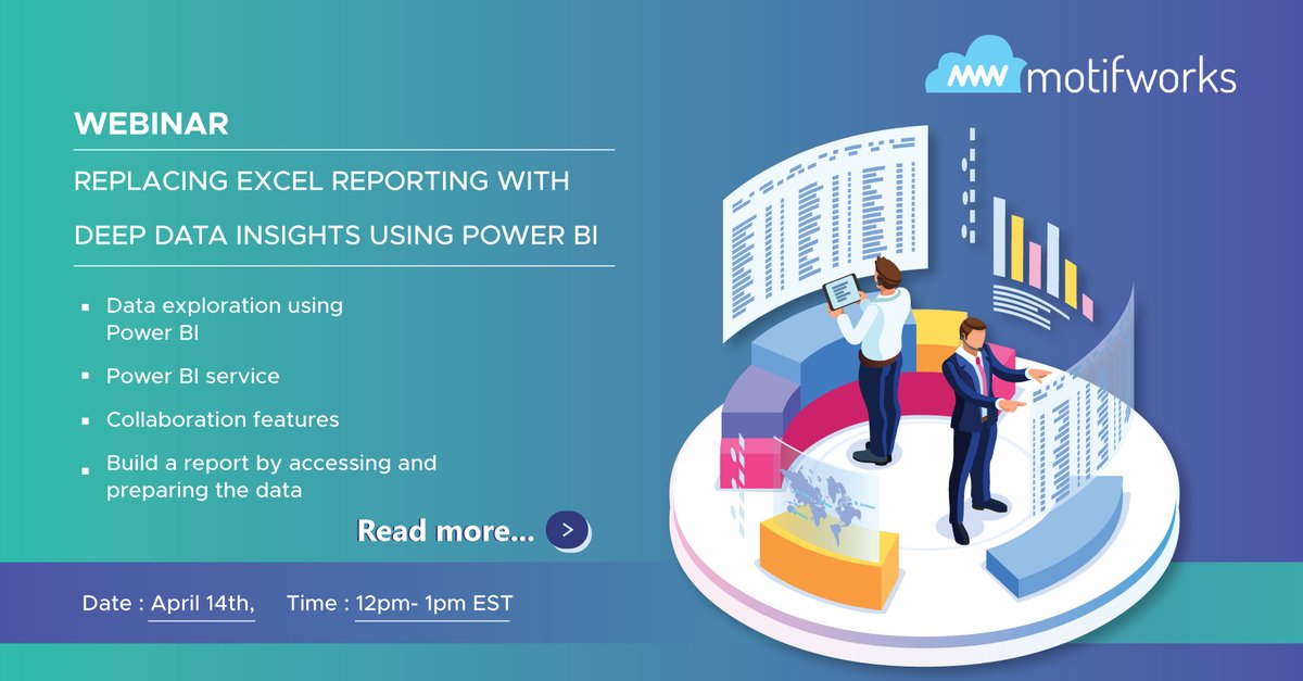 motifworks's tweet photo. Replace excel reporting with deep data insights using Power BI. Join us for an informative #Webinar featuring Tarun Agarwal on how to leverage the potential of #PowerBI to convert the #Data into actionable intelligence. Register: https://t.co/xK6bN4t2Qg #AI #Learning #AzureSmart https://t.co/0eAvI4pU4D