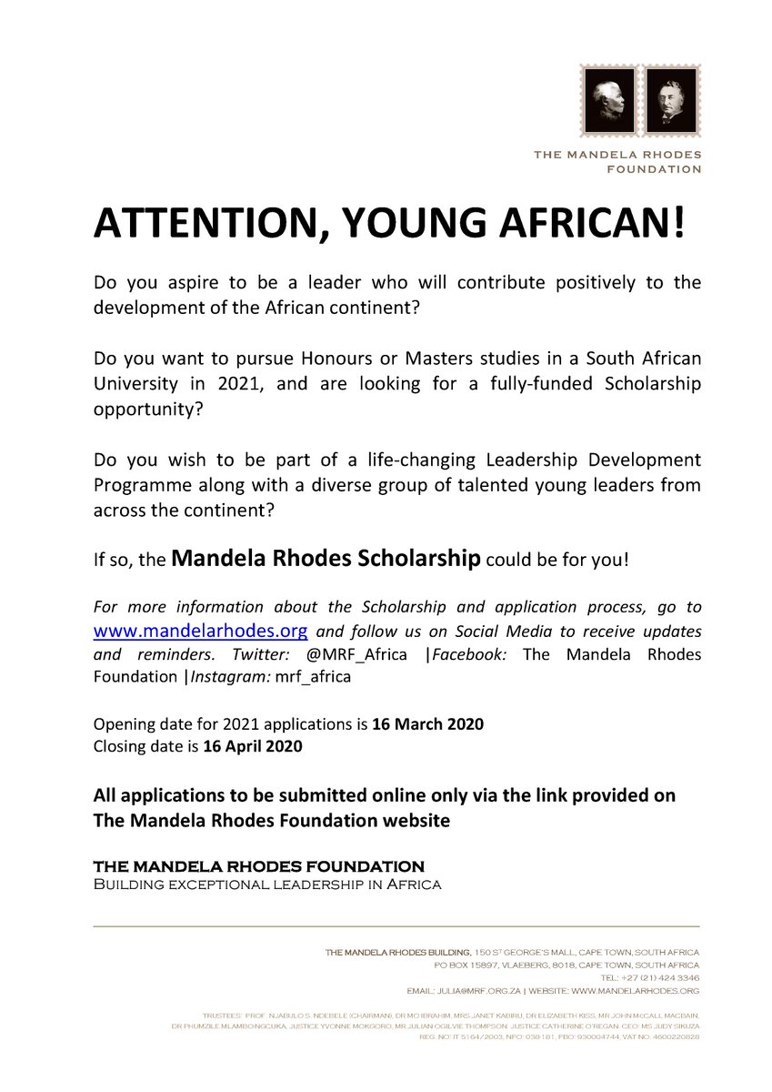 WitsUniversity's tweet photo. ✍🏾📚 APPLY: The Mandela Rhodes Foundation is now inviting qualified individuals to apply for the Mandela Rhodes scholarships programme. Applications close 16 April 2020. Check out the requirements and application guide here: https://t.co/ekt2aY68i8 https://t.co/fnYRQuwxZT